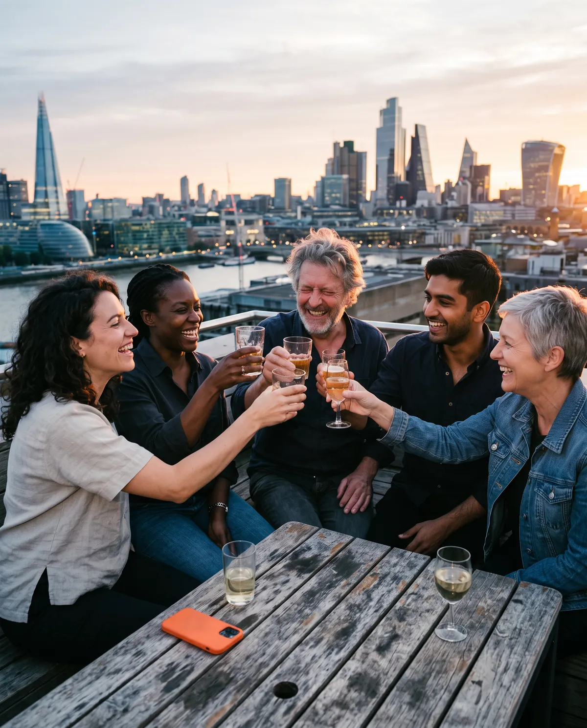 Founders on a rooftop at golden hour